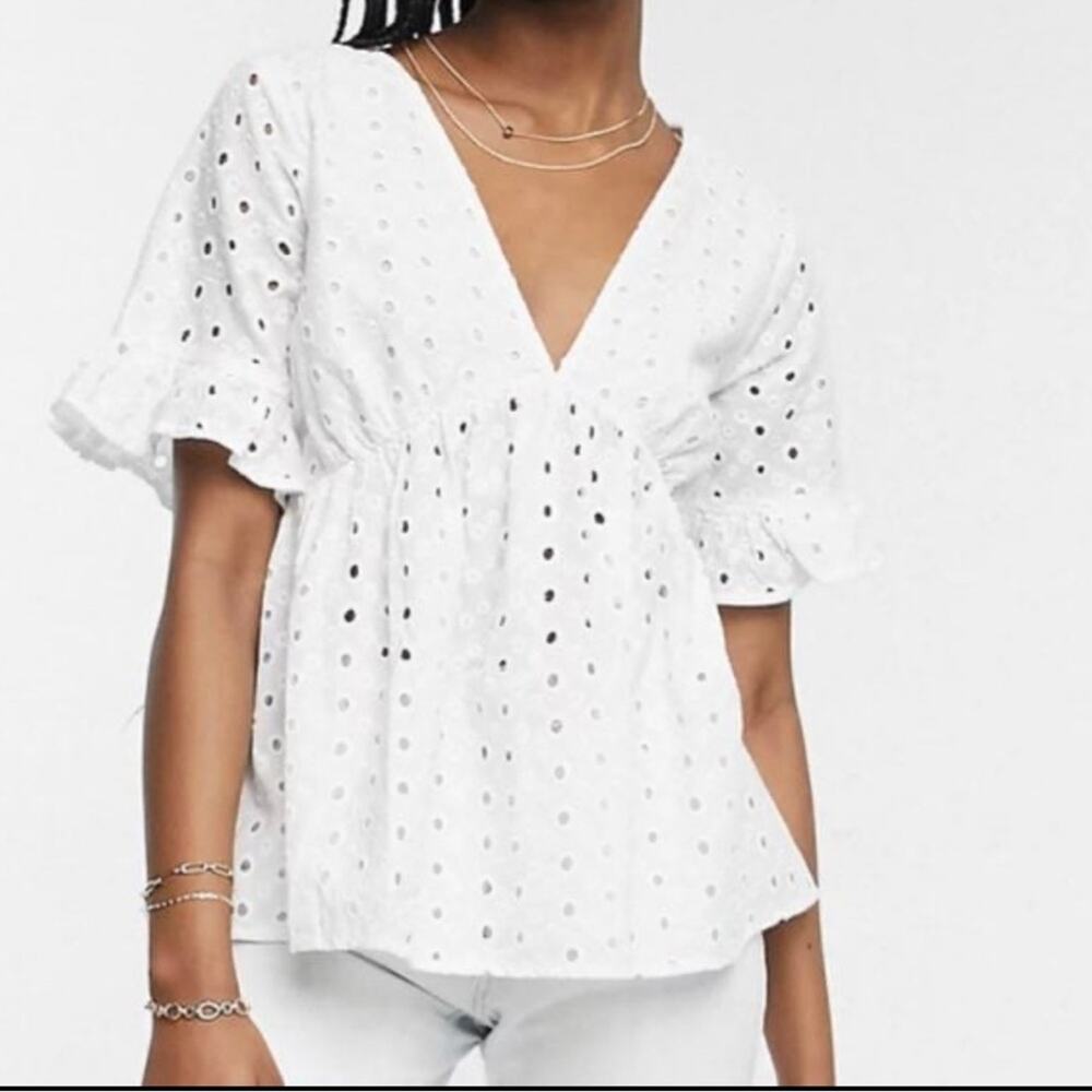 ASOS White Smocked Eyelet Blouse